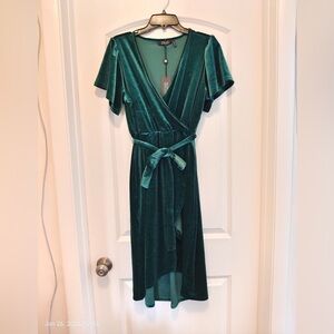 NWT Badgley Mischka Glitter Velvet Wrap Dress Midi Flutter Sleeve Green Sz PXL